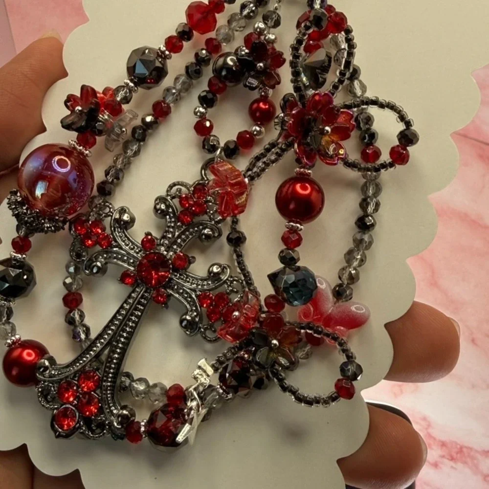 Cross Gunmetal Red Crystal Beaded Baroque Phone Wristlet Bag Charm Keychain